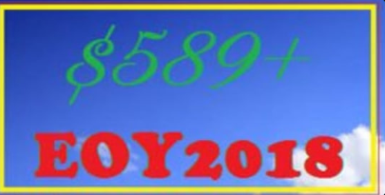 A simple graphic with a blue sky background showing green handwritten-style text '$589+' above bold red text 'EOY2018', framed by a yellow border.