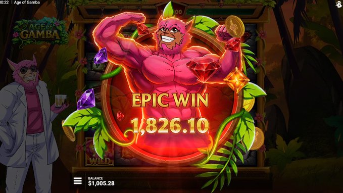 A screenshot from the slot game 'Age of Gamba' showing an 'EPIC WIN' of 1,826.10 with a muscular pink wolf character celebrating, with a balance of $1,005.28 displayed at the bottom.