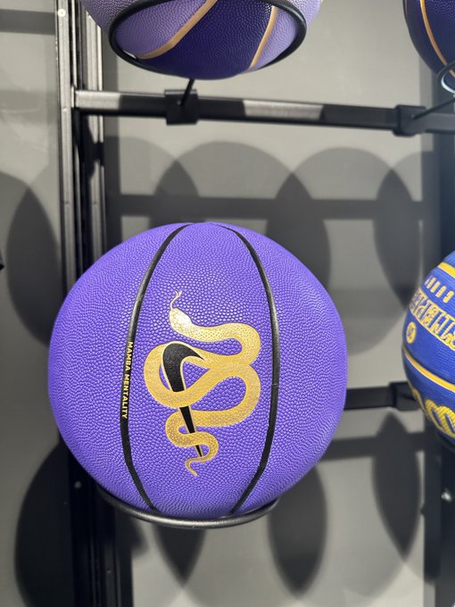 The image features a purple basketball with gold designs hanging from a black rack. The basketball has a snake design on it, which adds an interesting visual element to the scene. The background of the image appears to be a wall or a shelf, providing context for where the basketball is displayed.