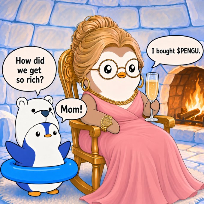 A cartoon illustration of a penguin-like bird character in a pink dress and glasses holding champagne, with a smaller penguin child in a swim ring asking 'How did we get so rich?' and 'Mom!', while she replies 'I bought $PENGU.'
