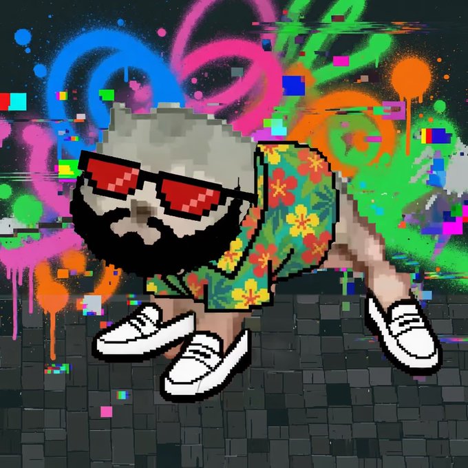 A pixel art character with a fluffy white head, red pixelated sunglasses, a tropical floral shirt, and white sneakers, posed against a graffiti wall with glitch effects.