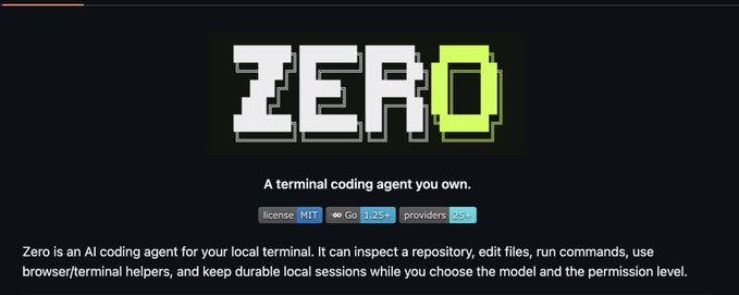 Promotional image for 'Zero,' a terminal coding AI agent, described as MIT-licensed and Go-based, with the tagline 'A terminal coding agent you own.'