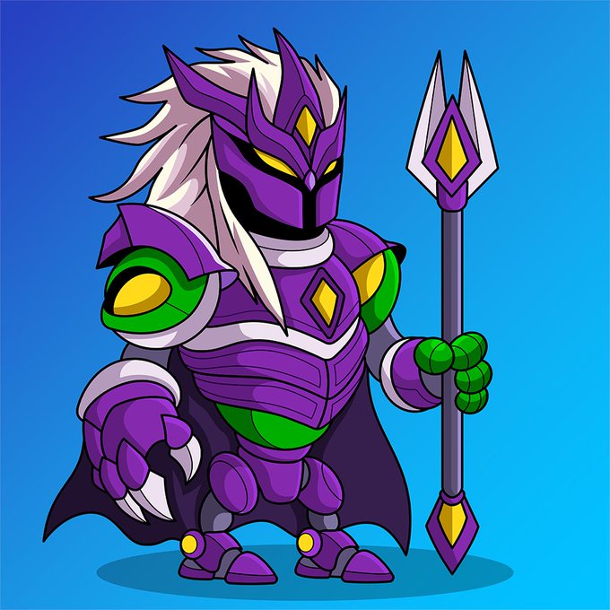 A chibi-style purple and green armored warrior with white hair wields a trident, exemplifying the hand-drawn artistry mentioned in the post about Genesis's collection of 8,888 unique NFT robots crafted from 250+ traits inspired by movies, comics, and pop culture.