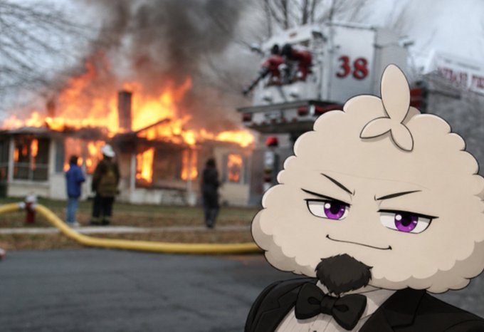 A meme featuring a smug anime sheep-man character in a tuxedo superimposed over a photo of firefighters battling a house fire.