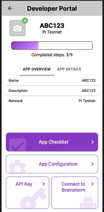 The image shows a "Developer Portal" interface for an app named "ABC123" on the Pi Testnet, displaying an "App Overview" with a progress bar showing 3/9 completed steps and navigation options including "App Checklist," "App Configuration," "API Key," and "Connect to Brainstorm." This aligns with the post's focus on Pi enhancing its developer environment, as the portal visually represents the structured support and resources available to developers building applications on the Pi ecosystem.