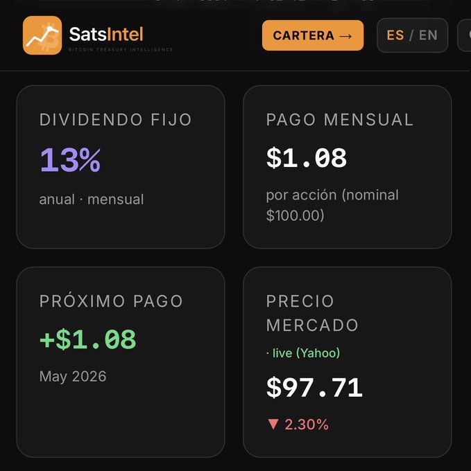 The image shows a screenshot of a stock trading dashboard, specifically displaying the current price of $SATA at $1.08. The post mentions that this event took place two days ago and that there were some positive trends for Sats Intel. The screen also displays a list of information about Sats Intel, including details like their website, pricing structure, and market indicators.