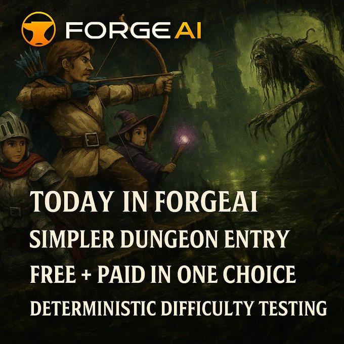 Promotional graphic for ForgeAI titled 'TODAY IN FORGEAI' featuring a fantasy illustration of an archer and a mage facing a monster, with bullet points highlighting 'SIMPLER DUNGEON ENTRY,' 'FREE + PAID IN ONE CHOICE,' and 'DETERMINISTIC DIFFICULTY TESTING.'
