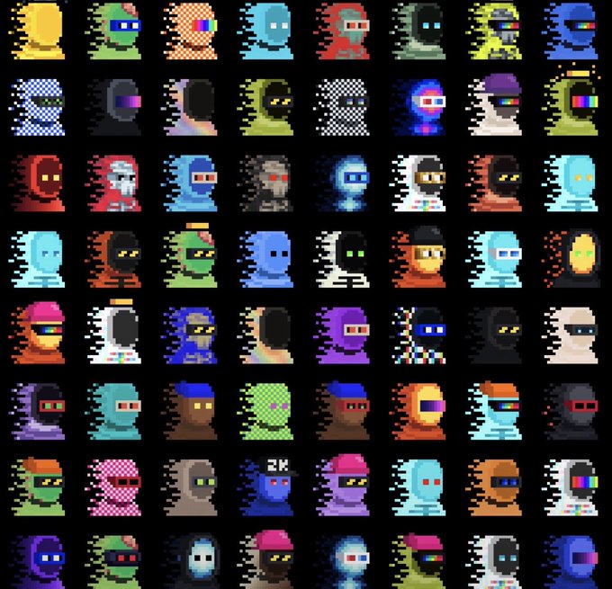 A grid of pixelated NFT avatar characters featuring various designs including hooded figures, robots, and glitch-art faces in different colors.
