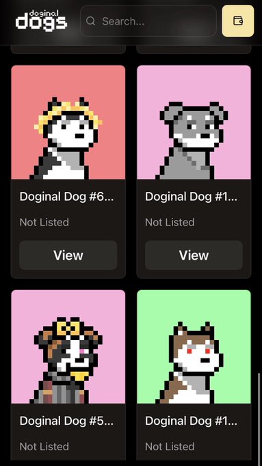 The image shows a wallet displaying four "Doginal Dog" pixel art NFTs (#1, #5, #6 shown) with "Not Listed" status, aligned with the post about hopping on the Doginal Dogs trend after learning they were pumping.