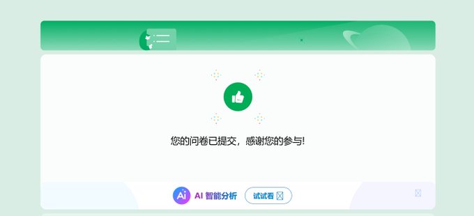 A confirmation page in Chinese displays "您的问卷已提交，感谢您的参与！" (Your questionnaire has been submitted, thank you for your participation!) with a thumbs-up icon and an "AI 智能分析" (AI Smart Analysis) button at the bottom.

The image appears unrelated to the accompanying post about WEEX crypto exchange and the convergence of Crypto and TradFi markets—it shows a generic survey submission confirmation screen rather than content about trading platforms or asset integration.