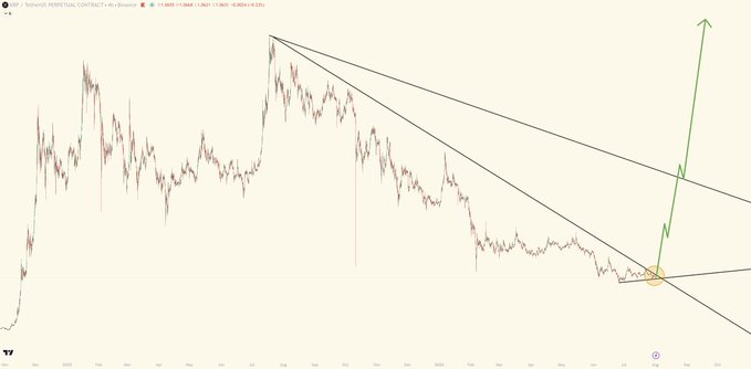 A candlestick chart of XRP/USD on a daily timeframe displays a descending wedge pattern, with a green arrow projecting a massive breakout to the upside from the apex of the converging trendlines, illustrating the post's optimistic price targets of $25, $75, $125, $300, $589, and $1,000.