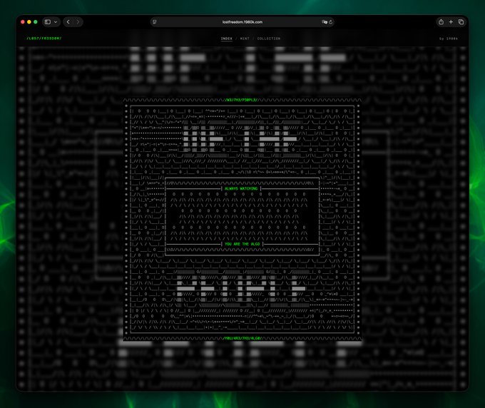A dark-themed ASCII art design on a website (mathew.1960.com), featuring "TMDX" and "NEVER" text patterns with a green glowing background.
