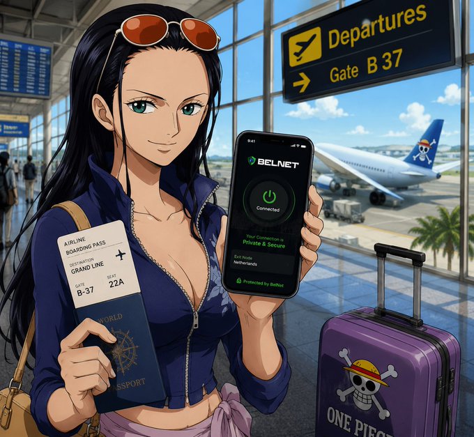 An anime-style woman at an airport holds a phone showing 'BELNET Connected' and a boarding pass for Gate B-37, with a One Piece suitcase beside her.