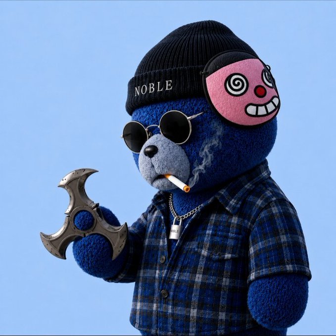 3D rendered illustration of a blue teddy bear wearing a black 'NOBLE' beanie, round sunglasses, a plaid shirt, and a pink mask with a spiral eye design, holding a throwing star and smoking a cigarette.