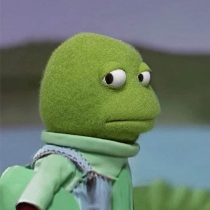 A close-up photograph of a green Muppet character, possibly Kermit the Frog, looking off to the side with a skeptical expression.