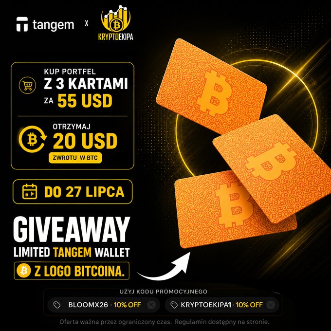 A promotional giveaway advertisement in Polish for Tangem and Kryptoekipa, offering a Bitcoin-logo Tangem wallet bundle for 55 USD with promo codes BLOOMX26 and KRYPTOEKIPA1.