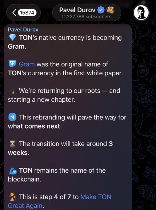 The image shows a screenshot of a message displayed on a smartphone's screen, including a conversation thread with multiple participants. The focus of the discussion appears to be related to an announcement made by Pavel Durov, the founder of Telegram. He has declared his intention to rebrand "TON" from native currency into "GRAM". The thread discusses this change and includes several relevant mentions, such as the name change, the transition, the weeks leading up to the transition, and what follows once the transition is complete.