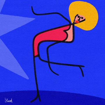 A stylized, abstract illustration of a woman with yellow hair and a red dress leaning back against a vibrant blue background, signed 'Ehren' in the lower left corner.