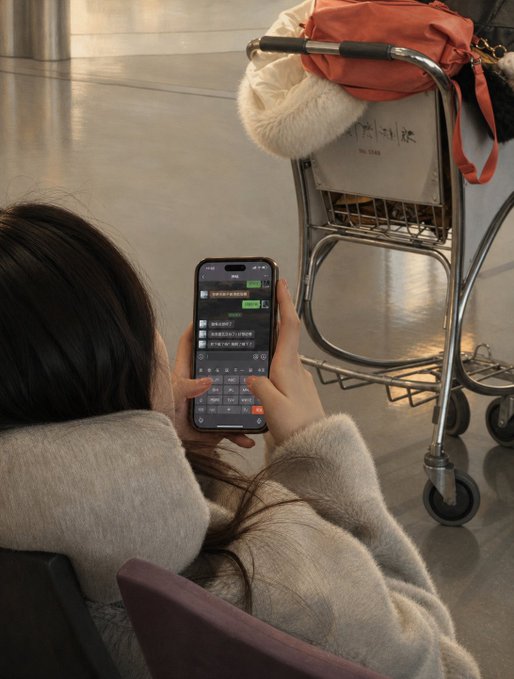 A woman in a fluffy gray coat secretly reads an intimate chat conversation on her screen, her phone held discreetly as she sits beside a luggage cart loaded with bags. The chat messages appear in Chinese text, supporting the post's humor about an embarrassingly steamy conversation being witnessed by onlookers.
