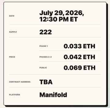 A schedule card detailing a Manifold NFT drop on July 29, 2026, at 12:30 PM ET, with a supply of 222 and tiered pricing of 0.033 ETH, 0.042 ETH, and 0.069 ETH.