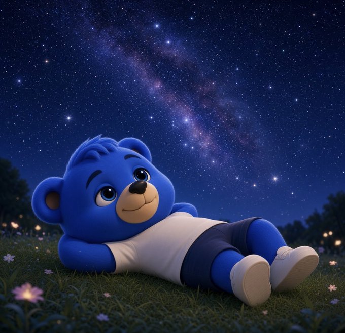 A blue cartoon bear character wearing a white tank top and dark shorts reclines on grass under a starry night sky with the Milky Way visible and small glowing lights scattered in the background.