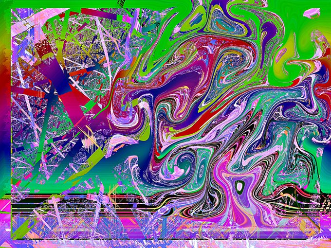 A highly saturated digital abstract composition blending neon greens, purples, and pinks with fluid, marbled swirls on the right and geometric, graffiti-like patterns on the left.