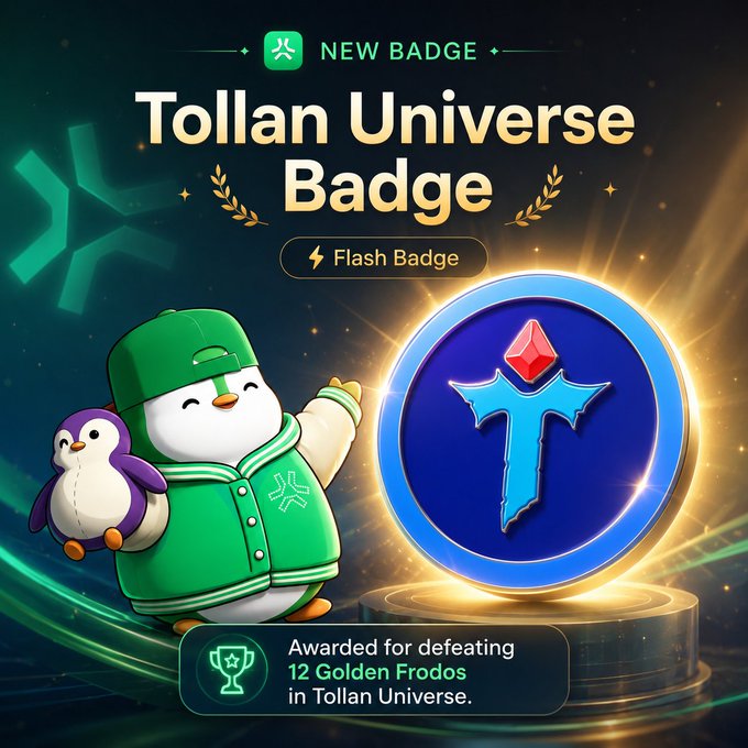 A digital badge graphic titled 'Tollan Universe Badge' (Flash Badge), featuring a penguin mascot and text 'Awarded for defeating 12 Golden Frodos in Tollan Universe.'
