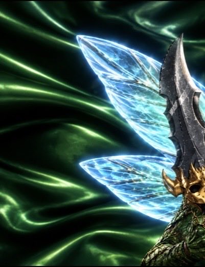 A digital artwork showing a glowing blue crystal blade paired with a dark metallic blade, set against a flowing green fabric background.