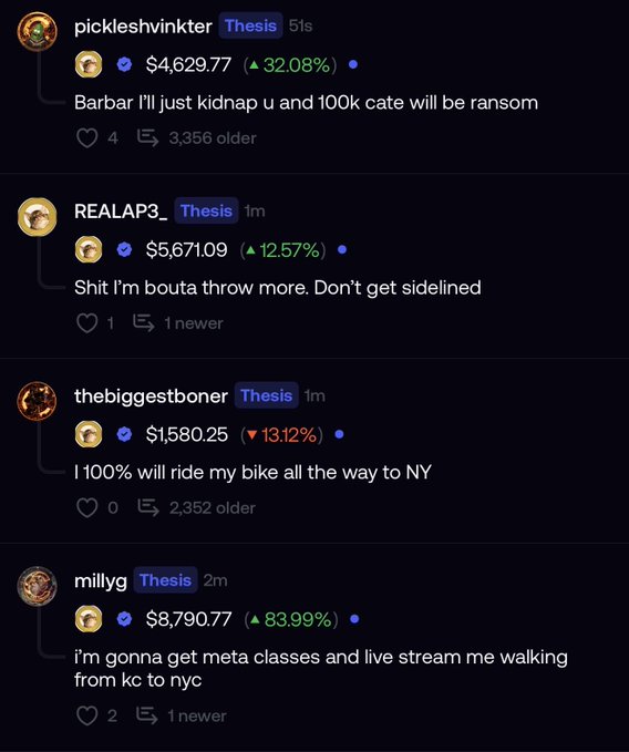 A screenshot of a Discord chat in the #thesis channel shows community members with varying CATE positions discussing plans for a New York meetup, including user "millyg" (up 83.99%) planning to livestream a walk from KC to NYC, "thebiggestboner" (down 13.12%) offering to bike all the way to NY, "pickleshwinkter" (up 32.08%) joking about kidnapping, and "REALAP3_" (up 12.57%) pledging to throw more money in—all reinforcing the post's claim that the CATE community is actively coordinating a NY bagworking meetup.