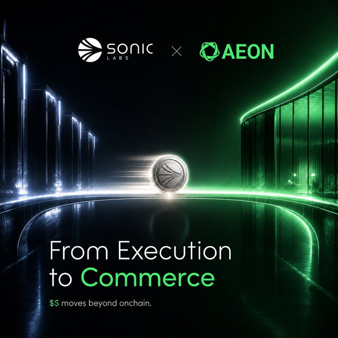 The image is a promotional graphic for a collaboration between Sonic Labs and AEON, featuring their logos at the top alongside a central coin emblem, with the tagline "From Execution to Commerce" and "$S moves beyond onchain" displayed over a futuristic green-lit corridor background.

This visual directly reinforces the accompanying post's message by illustrating Sonic's evolution beyond being merely a high-performance blockchain ("Execution") into becoming a usable commerce layer ("Commerce"), with the AEON partnership framed as the catalyst that enables $S to move "beyond onchain" into real-world merchant payments.