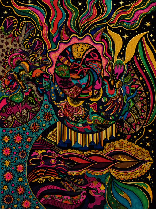 A vibrant, psychedelic digital artwork featuring an intricate, swirling abstract portrait with bright neon colors against a starry night background.