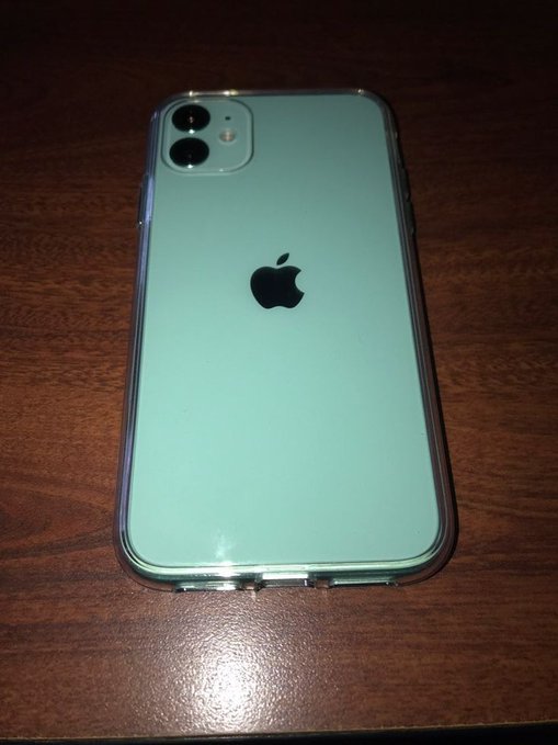 A green Apple iPhone with a clear protective case, showing the Apple logo and dual camera setup, placed on a dark wooden surface.