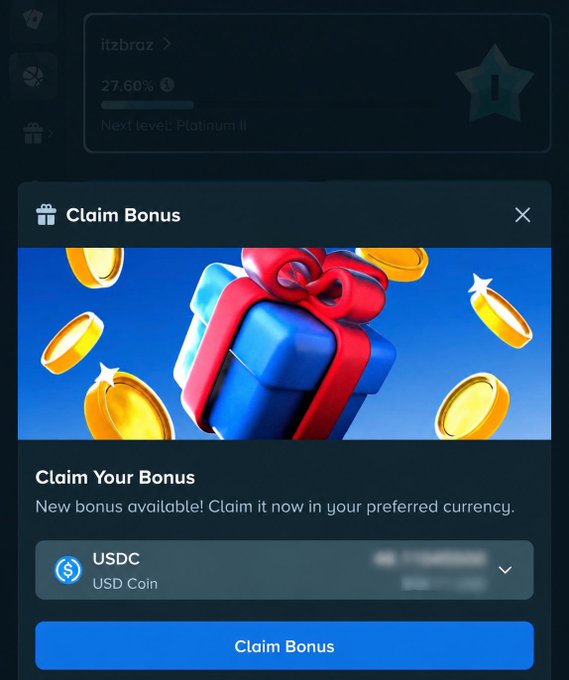 A "Claim Bonus" popup from Stake.com shows a gift box with coins and offers a weekly bonus in USDC for user "itzbraz," who is 27.60% of the way to Platinum II. The image accompanies a post inviting followers to guess the amount of this weekly Stake bonus for a chance to win it.