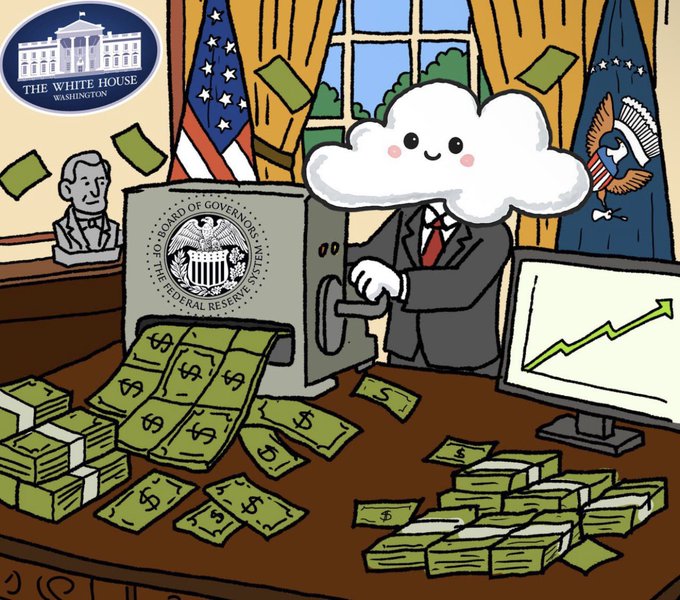 The image features a cartoon depiction of a man dressed as a businessman sitting at a desk with stacks of money, including US dollar bills and other currency denominations. The man appears to be working on a computer or using a cash register, surrounded by stacks of money that are neatly organized in front of him. The scene is set against the backdrop of an American flag, which adds to the overall theme of the cartoon. The image also includes text elements such as "AIR" and "SOLANA", possibly referring to the currency or the man's profession respectively.