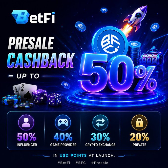 The promotional graphic for BetFi announces a presale cashback of up to 50%, displayed prominently with a glowing rocket and coins, breaking down the tiers as 50% for Influencer, 40% for Game Provider, 30% for Crypto Exchange, and 20% for Private investors, payable in USD points at launch (#BetFi #BFC #Presale).