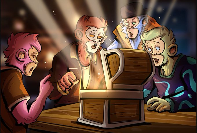 An animated illustration of four anthropomorphic monkeys gathered around an open wooden treasure chest with a glowing light emanating from it.