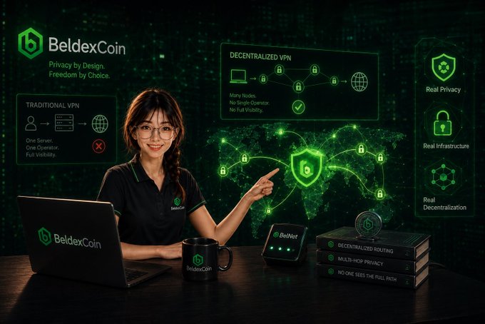 An advertisement for BeldexCoin featuring a woman with glasses presenting a comparison between Traditional VPN and Decentralized VPN services.