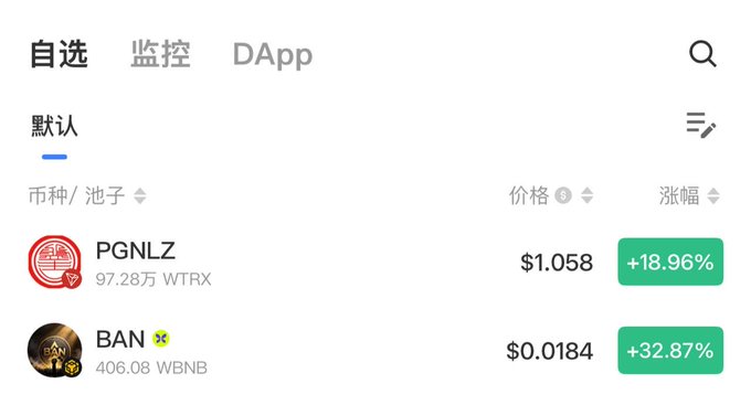 A cryptocurrency tracking app interface in Chinese showing two tokens: PGNLZ at $1.058 with +18.96% gain and BAN at $0.0184 with +32.87% gain.