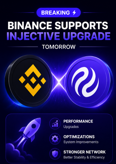 A 'BREAKING' announcement graphic stating 'BINANCE SUPPORTS INJECTIVE UPGRADE TOMORROW' showing Binance and Injective logos with bullets highlighting Performance Upgrades, Optimizations, and Stronger Network.