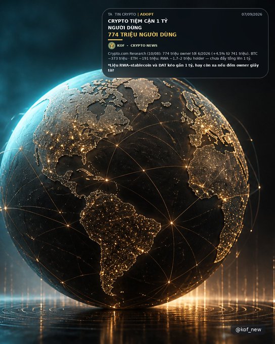 A glowing digital Earth graphic with overlaid Vietnamese text from kof_news reporting that Crypto.com spent $1 billion USD to buy 774 'dumb users,' mentioning BTC and RWA, with commentary on stablecoin and DAT koi fish owners.
