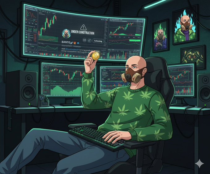 A cartoon illustration of a bald man in a green leaf-patterned sweater and gas mask sitting at a multi-monitor trading setup displaying charts and "UNDER CONSTRUCTION," holding a Bitcoin coin.