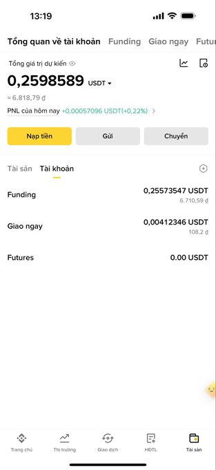 A mobile screenshot of a cryptocurrency trading account showing a total balance of '0,2598589 USDT' with options for Funding, Spot, and Futures accounts in Vietnamese.