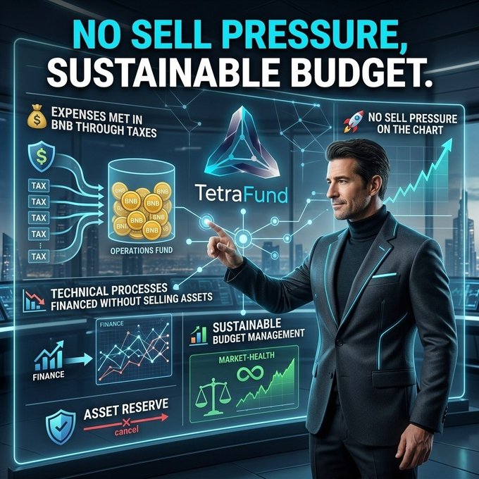 An advertisement for 'TetraFund' shows a man in a suit pointing at a digital display with the headline 'NO SELL PRESSURE, SUSTAINABLE BUDGET.' and various financial graphics.