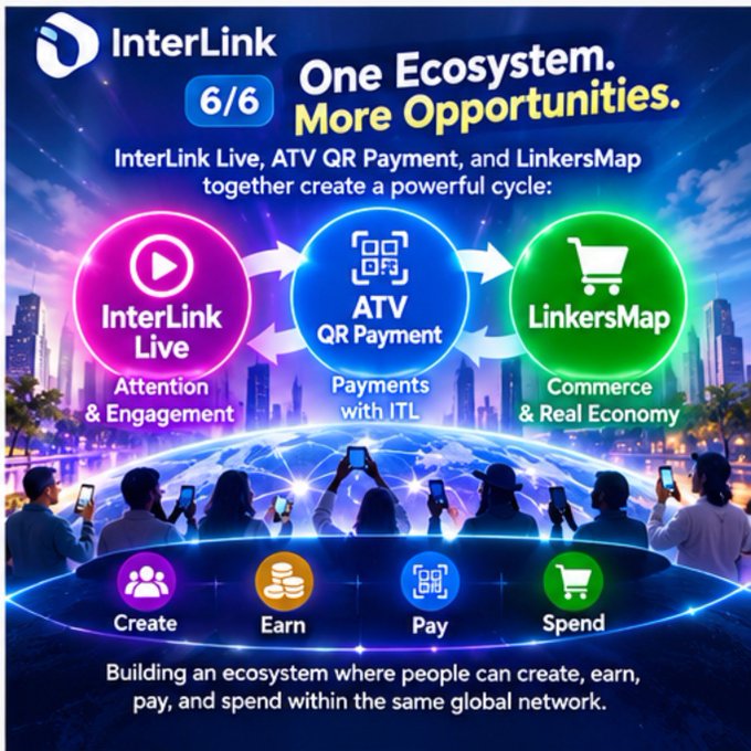 A digital infographic for 'InterLink' titled 'One Ecosystem. More Opportunities.' showing a cycle between InterLink Live, ATV QR Payment, and LinkersMap, with icons for creating, earning, paying, and spending.