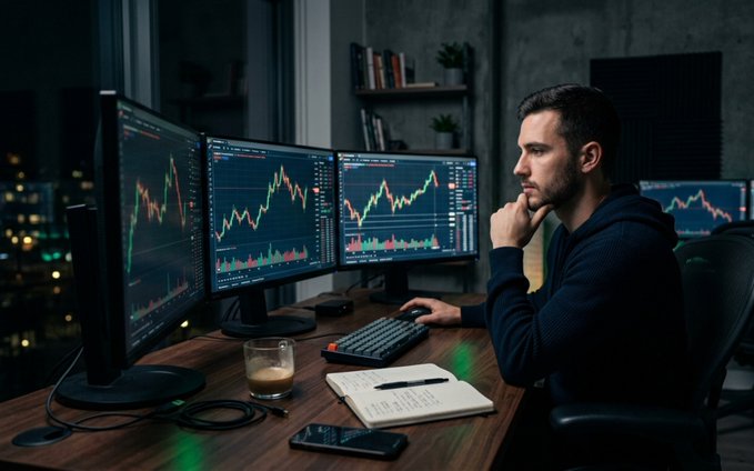 A young man sits at a desk in a dark room, intently studying stock market candlestick charts displayed across multiple monitors.