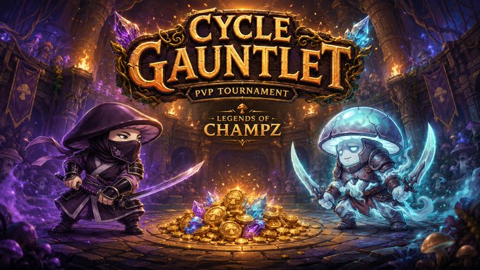 A bold fantasy-themed banner advertises the "CYCLE GAUNTLET PvP Tournament - Legends of Champz," featuring a shadowy ninja and a ghostly mushroom warrior poised to duel over a glittering pile of coins and crystals. The dramatic scene captures the high-stakes spirit of the new competitive mode, where players spend $CHAMPZ to battle for real rewards.