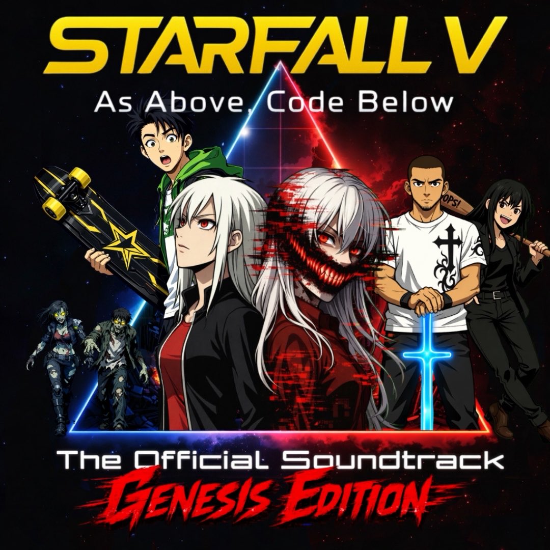 Promotional artwork for 'STARFALL V: As Above, Code Below - The Official Soundtrack Genesis Edition' featuring anime-style characters including a white-haired female protagonist with a gun, a glitched/horror version of her, and other fighters against a triangular cosmic background.