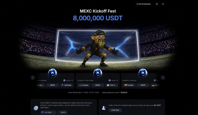 MEXC Kickoff Fest promotional page displaying an 8,000,000 USDT prize pool, featuring a roaring tiger mascot as a soccer goalkeeper in a stadium, with event dates from July 11-21 and a daily 200K USDT prediction competition for matches like Australia vs. Curaçao, Côte d'Ivoire vs. Cameroon, and Ecuador vs. Germany.