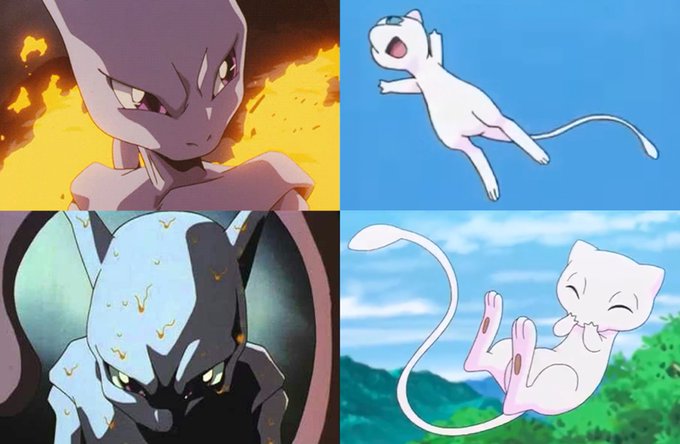 A four-panel image contrasts the menacing, battle-ready appearance of Mewtwo (top left and bottom left, depicted with fiery intensity) with the playful, adorable poses of Mew (top right and bottom right, shown joyfully leaping and smiling), humorously illustrating the post's complaint that Mewtwo is overrepresented while the cute Mew deserves more screen time.