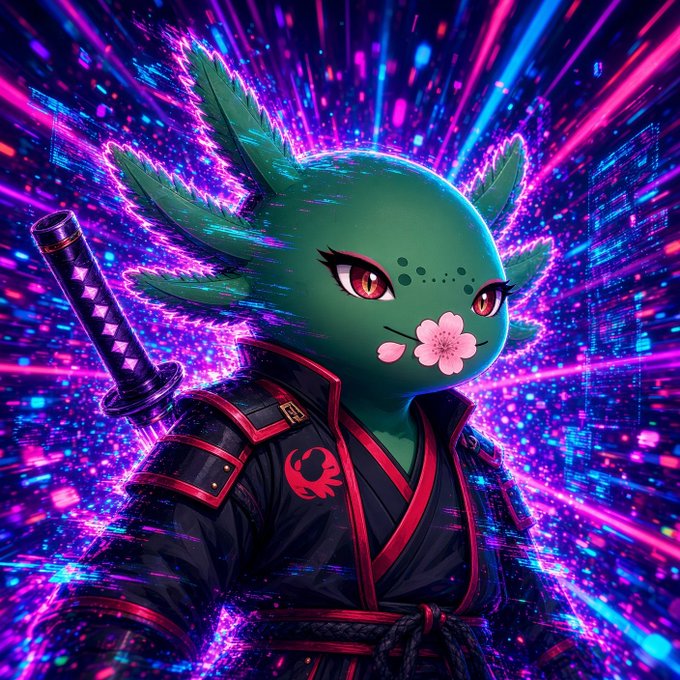 Digital artwork of an anthropomorphic axolotl character with green skin and red eyes, wearing black samurai armor with red accents and a pink flower on its cheek, set against a vibrant neon pink and blue cyberpunk background.
